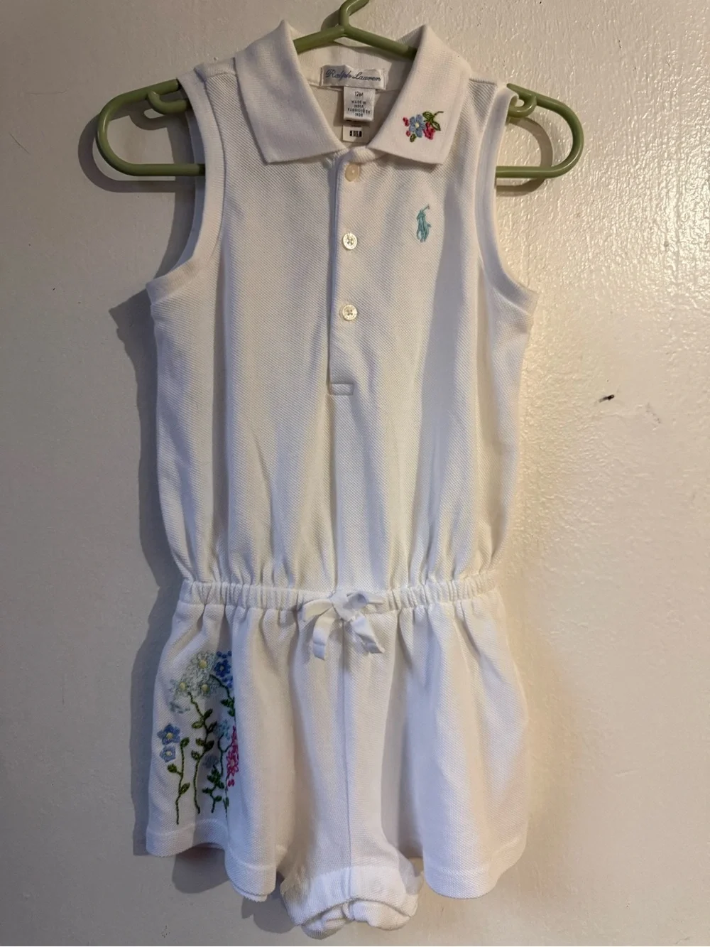 Ralph Lauren White Sleeveless Polo Romper with Multicolor Floral Embroidery
